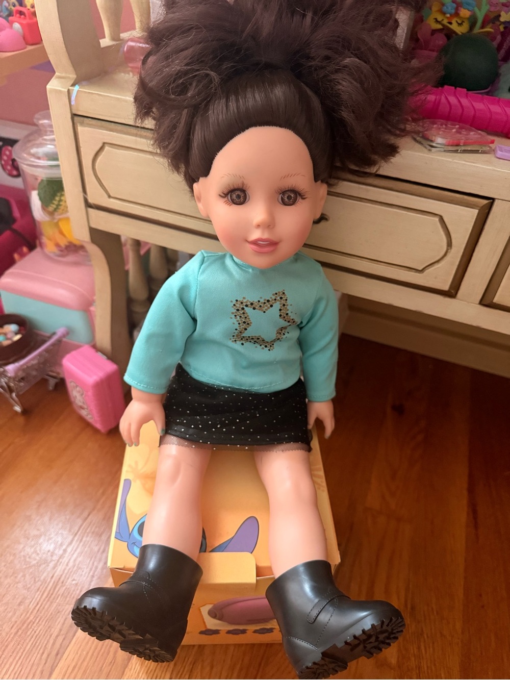 American Doll in Teal Top and Black Skirt